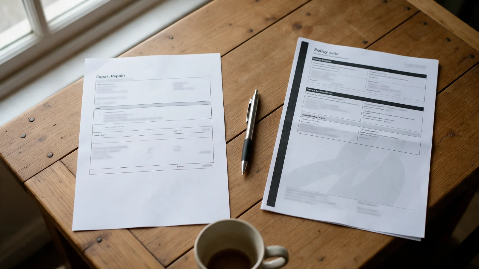 Driver comparing a written repair quote against an insurance policy schedule at a kitchen table