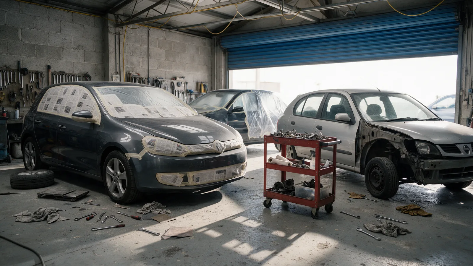 Cars in progress on a body shop workshop floor, one masked for paint