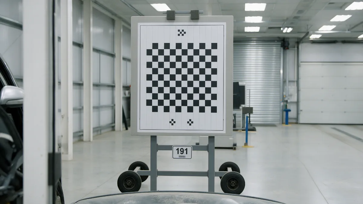 Calibration target frame set up in front of a car in a workshop