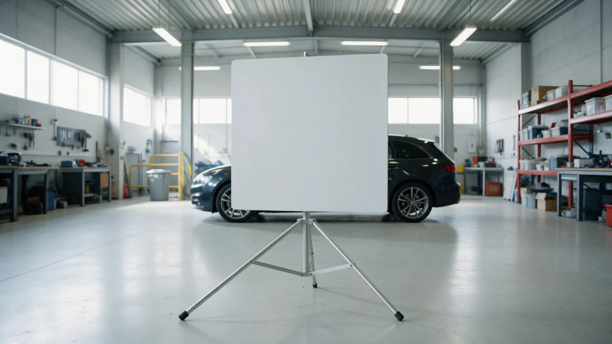 Calibration target board positioned in front of a car inside a workshop