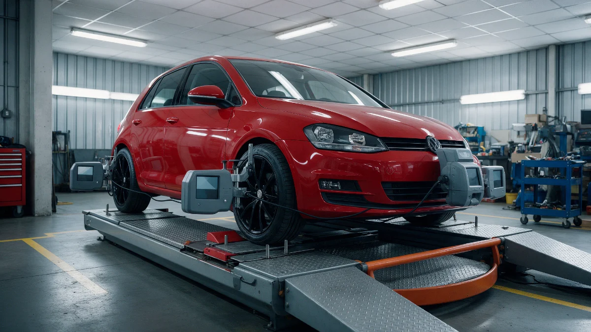 Front of a car on an alignment rig in a workshop with measuring equipment fitted