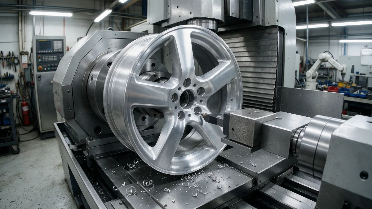 Bare stripped alloy wheel mounted on a lathe for a diamond cut finish
