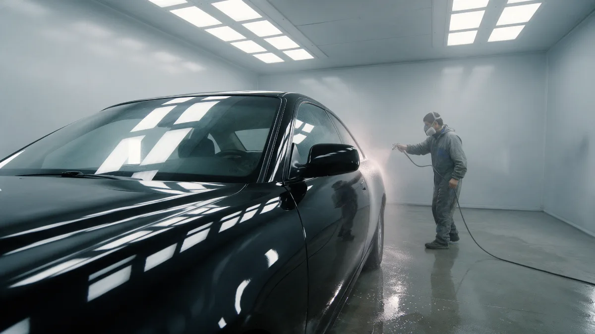 Technician blending fresh paint across two adjacent car panels