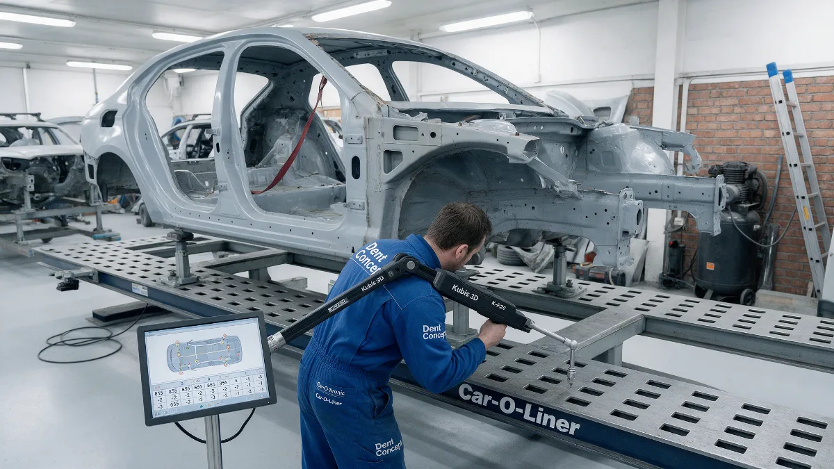 Technician measuring a car body shell on a jig in a repair workshop