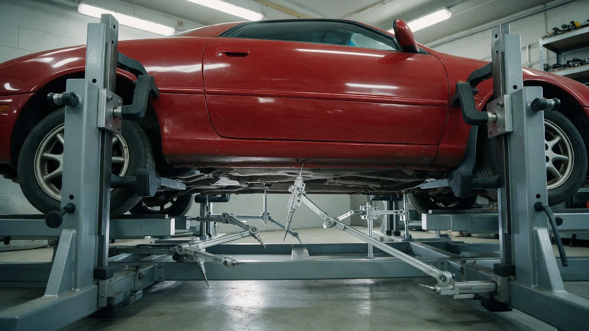 Car clamped on a measuring jig in a bodyshop with measurement equipment attached