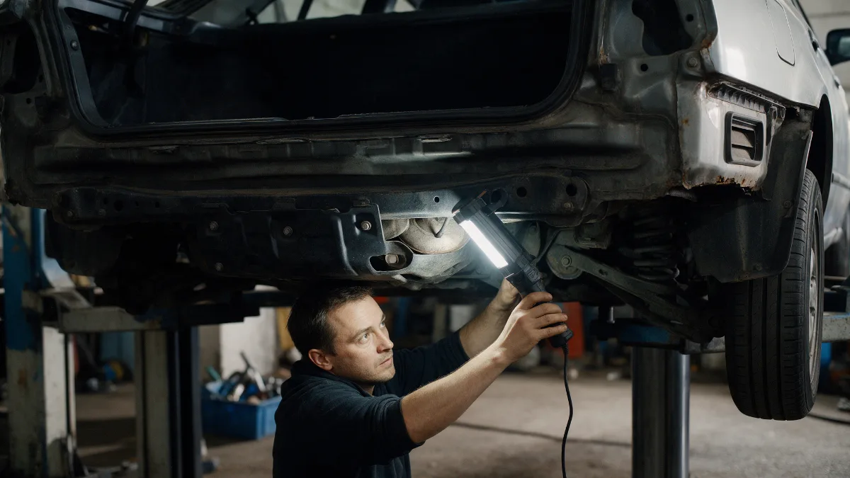 Car raised on a workshop ramp with a technician inspecting the underside