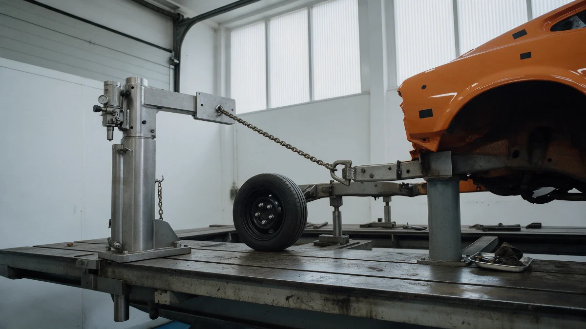 Front chassis leg of a car being straightened on a pulling rig