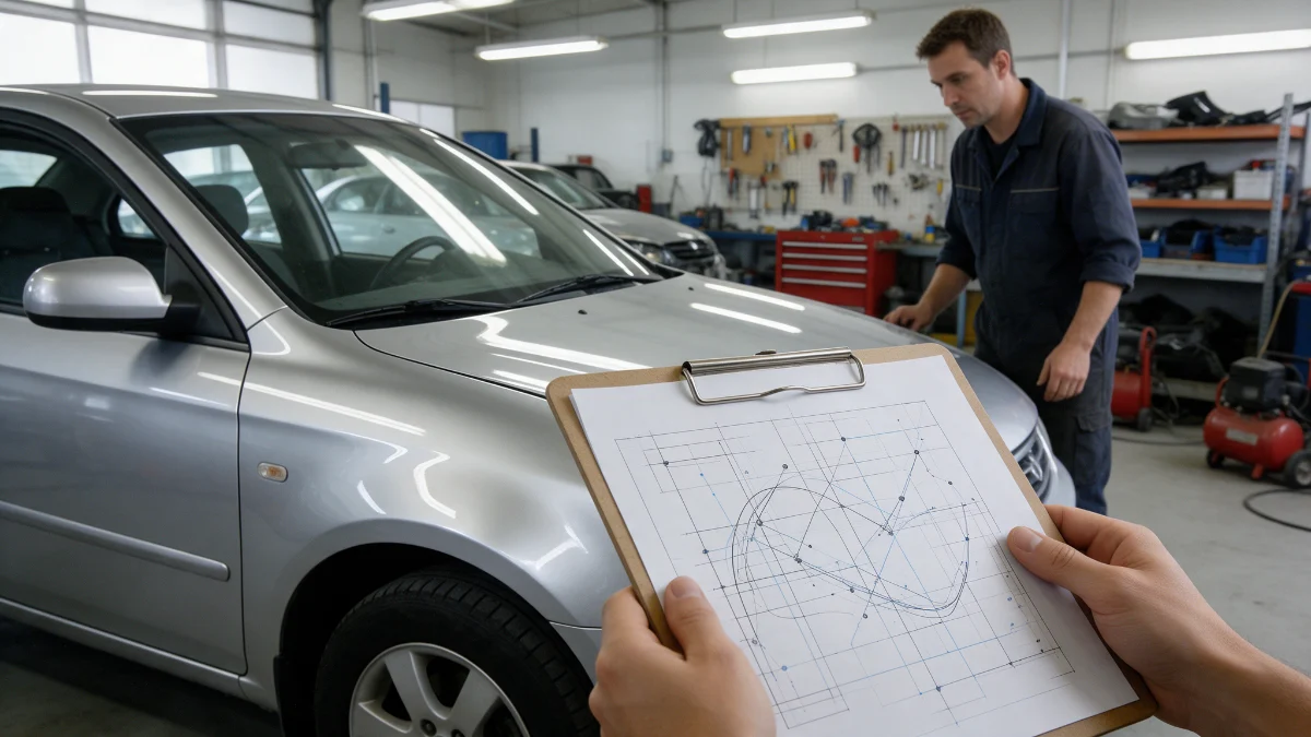 Printed chassis measurement chart being compared against a repaired car in a workshop