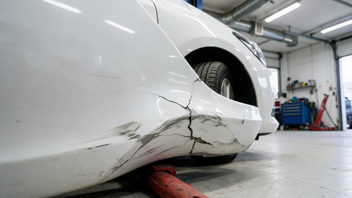 Scuffed and cracked front bumper corner on a car in a workshop bay