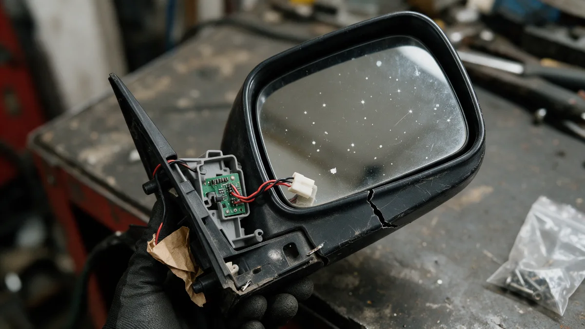Cracked wing mirror housing removed from a car and held in a workshop
