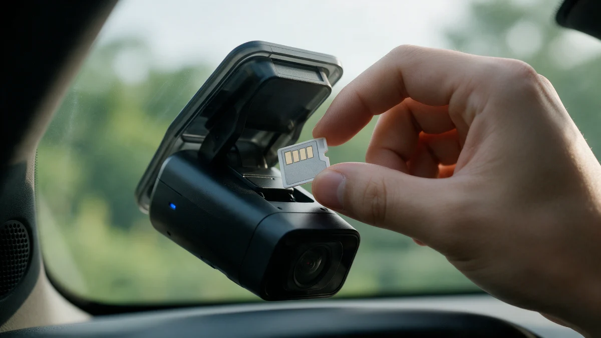 Dashcam memory card being removed from a windscreen mounted camera