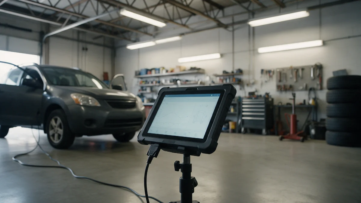 Diagnostic tablet connected to a car showing a calibration procedure in progress