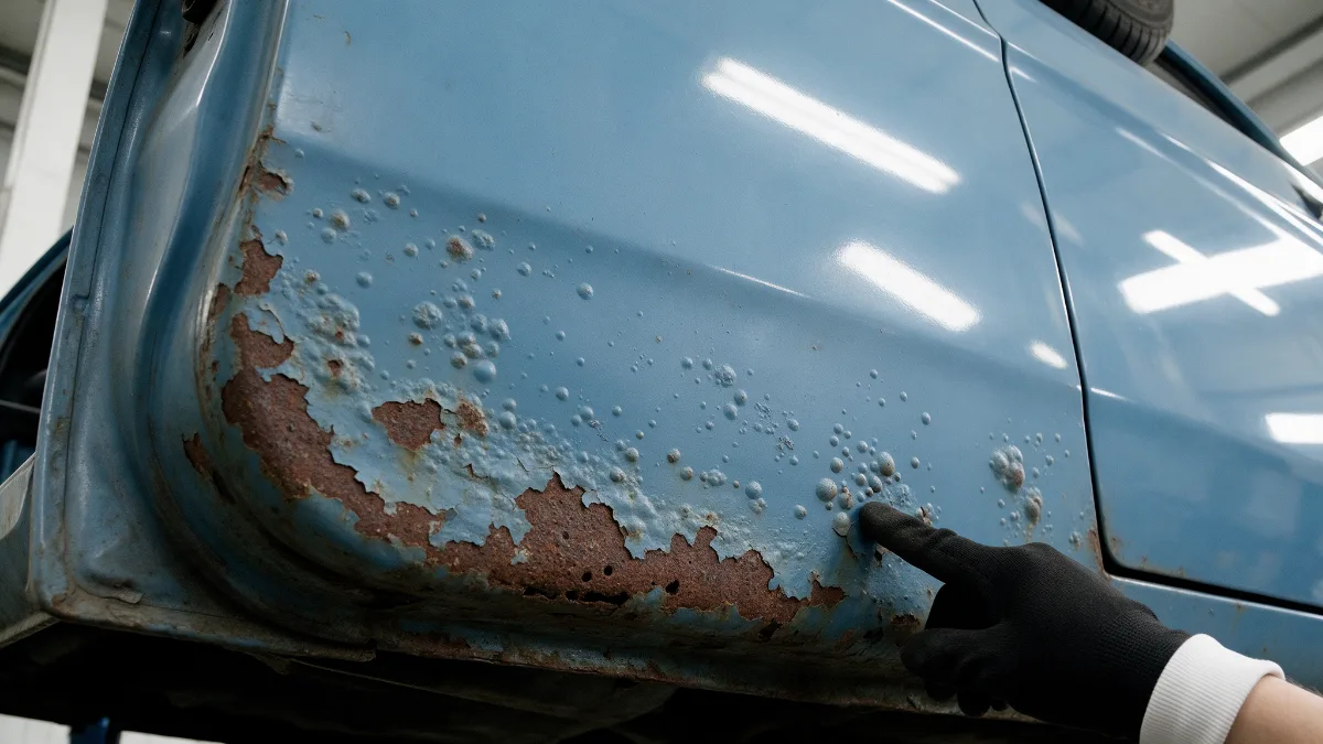 Car door bottom edge with blistered paint being inspected in a workshop