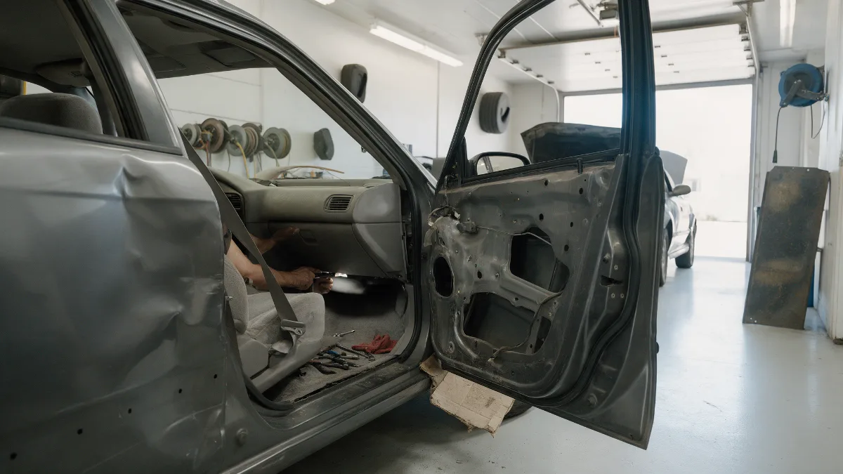 Dented car door panel being worked from behind in a repair bay