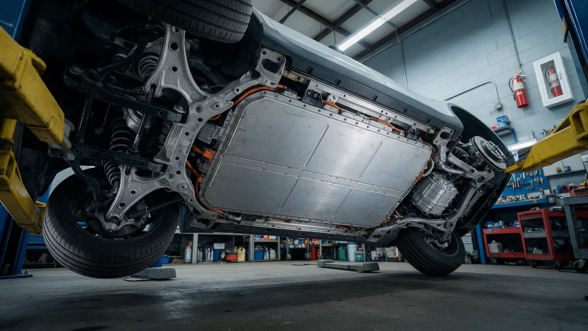 Electric car raised on a workshop lift with the underfloor battery pack visible