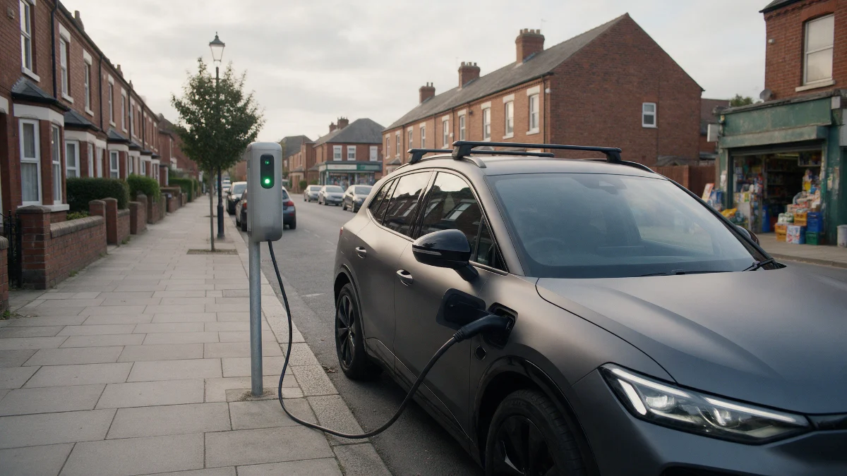 Electric car charging at a public charge point after a completed repair