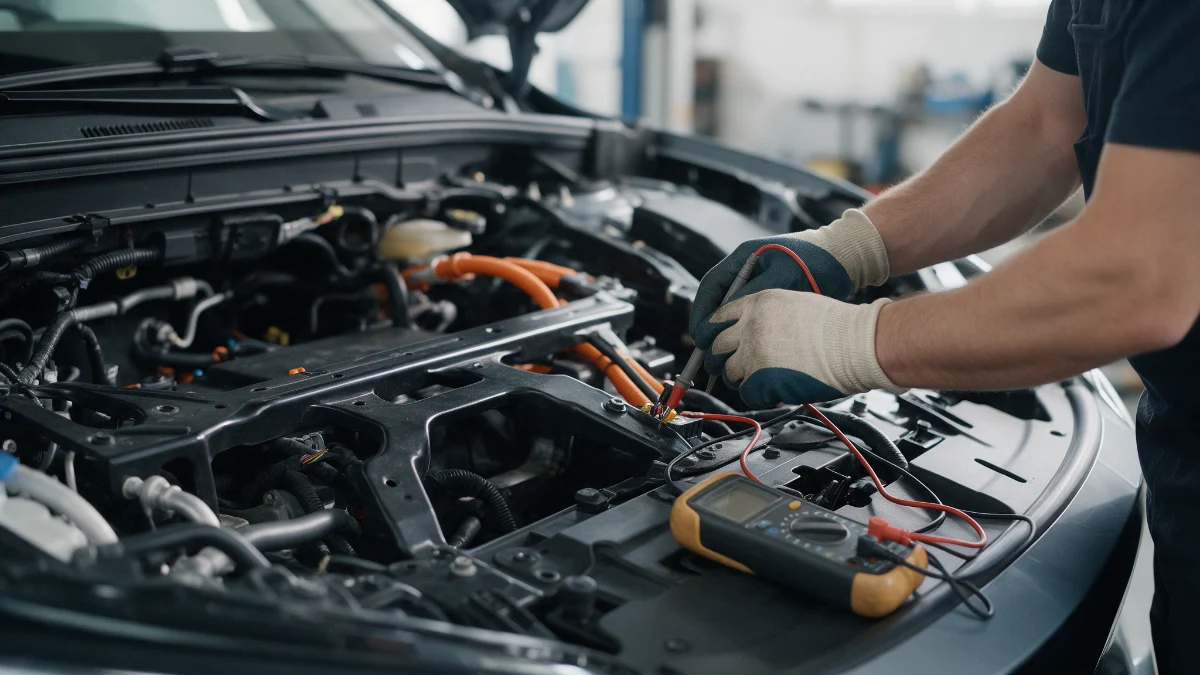 Technician using a meter on an electric vehicle to confirm the system is isolated