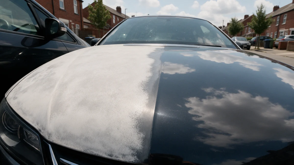 Close-up of faded and oxidised paint on a car bonnet beside sound paintwork