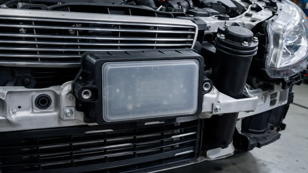 Front radar unit visible behind the grille of a modern car with the bumper removed