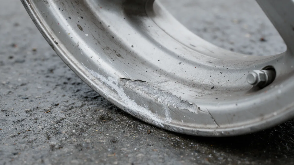 Alloy wheel with a kerb scrape through the lacquer and a white corrosion line spreading from it