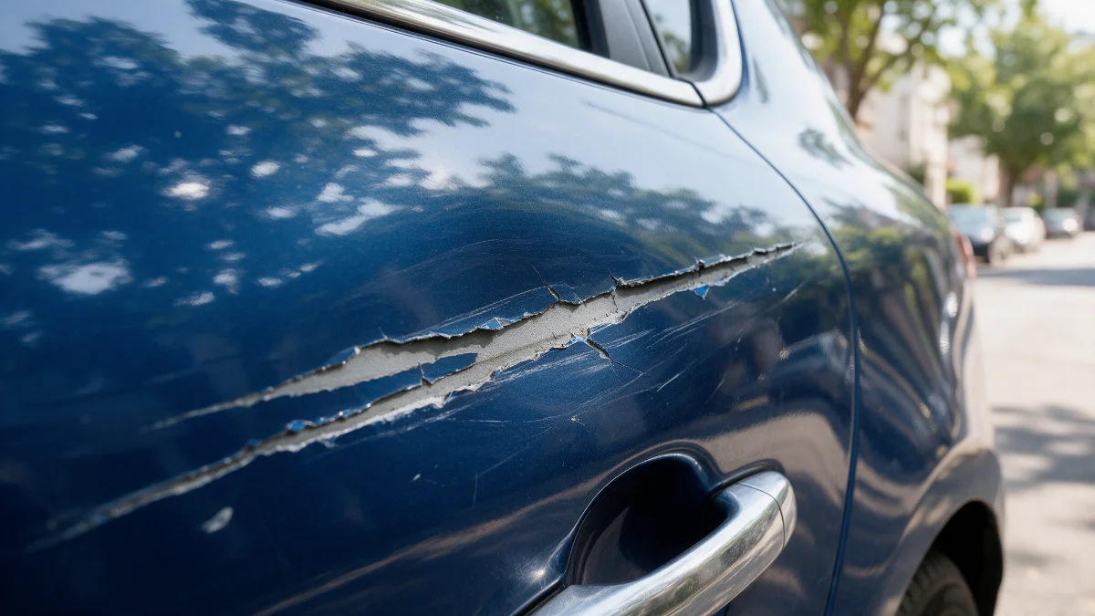 Deep key scratch running along a car door with primer visible in the groove