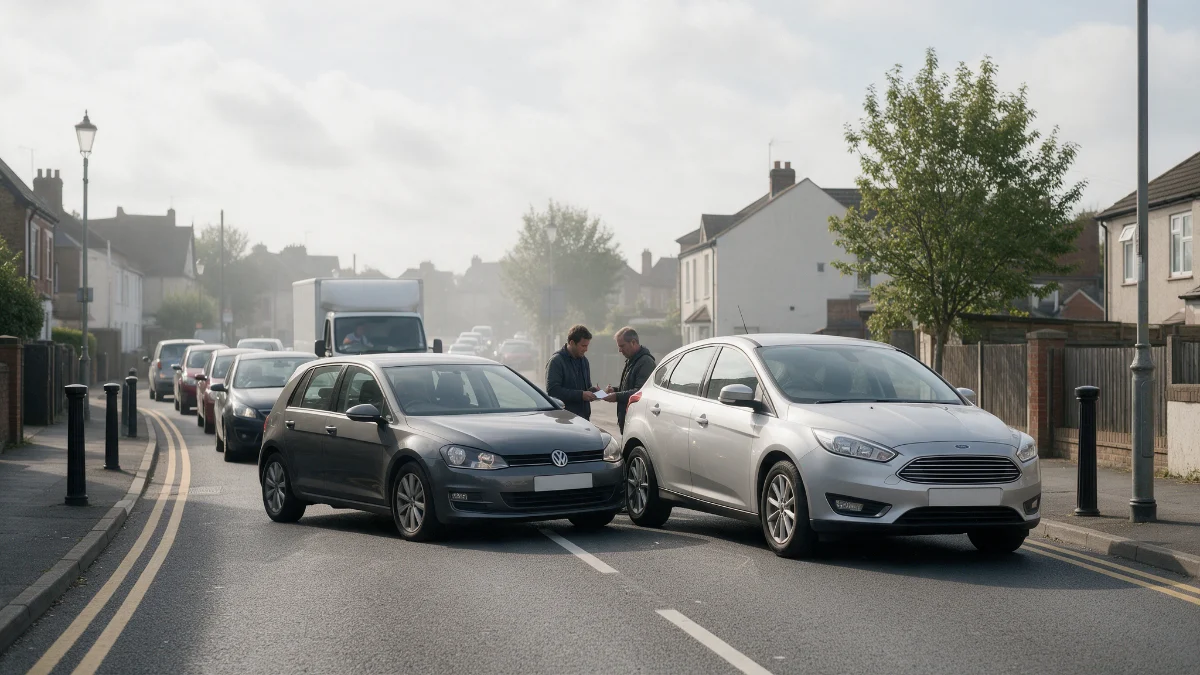 Two cars after a low speed rear shunt with barely visible bumper damage