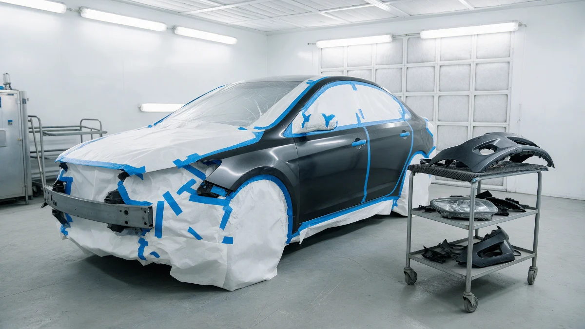 Masked car body in a spray booth with bumper, lamps and trim removed