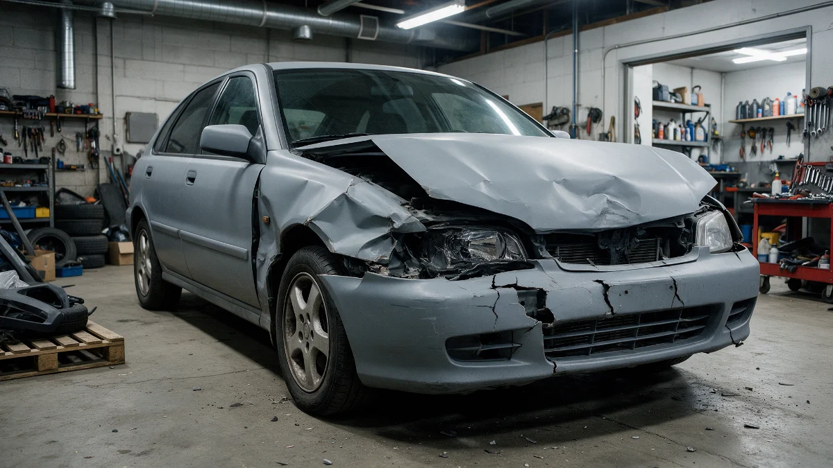 Accident damaged car with the front end misaligned and the bonnet sitting proud