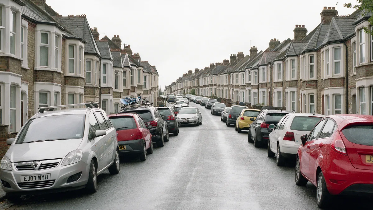 Cars parked tightly on both sides of a narrow terraced street