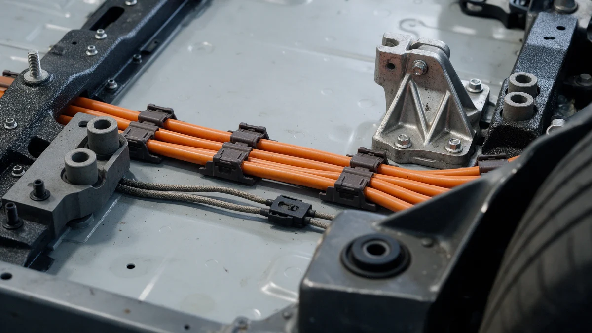 Orange high voltage cabling routed along the underside of an electric vehicle
