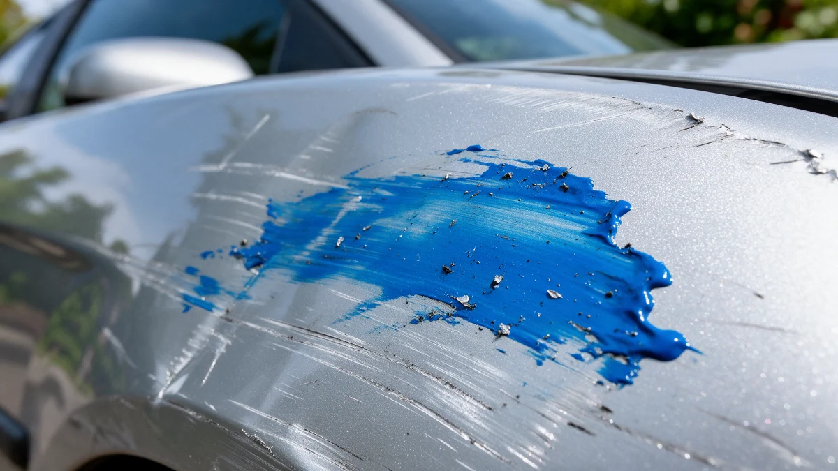 Close-up of coloured paint transfer left on a damaged car wing