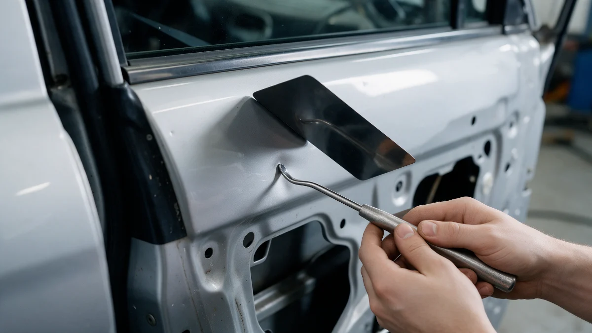 Technician working a dent from behind a door panel with a paintless dent removal rod