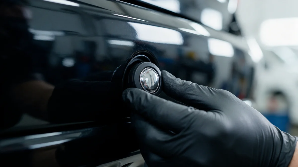 Parking sensor being refitted into the moulded aperture of a freshly painted bumper
