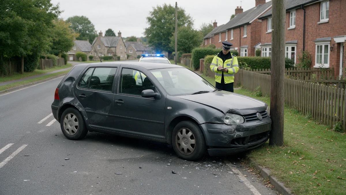 Police officer taking details from a driver beside a damaged car
