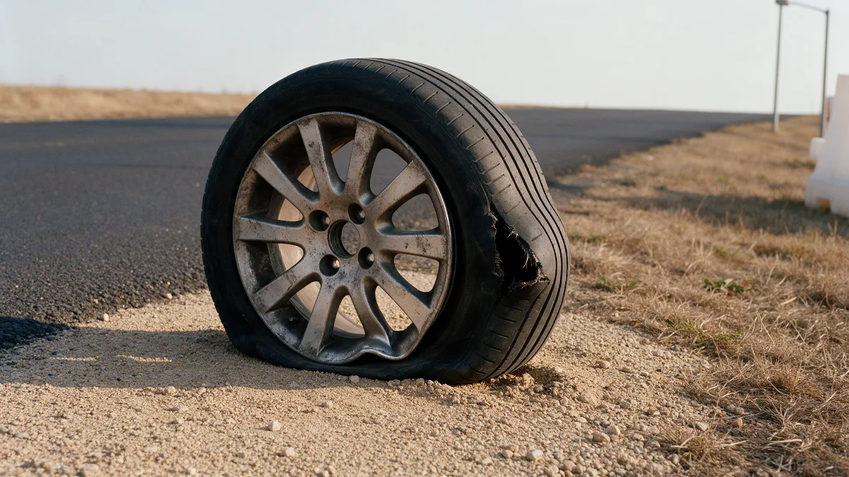 Damaged alloy wheel and tyre sidewall after a pothole strike