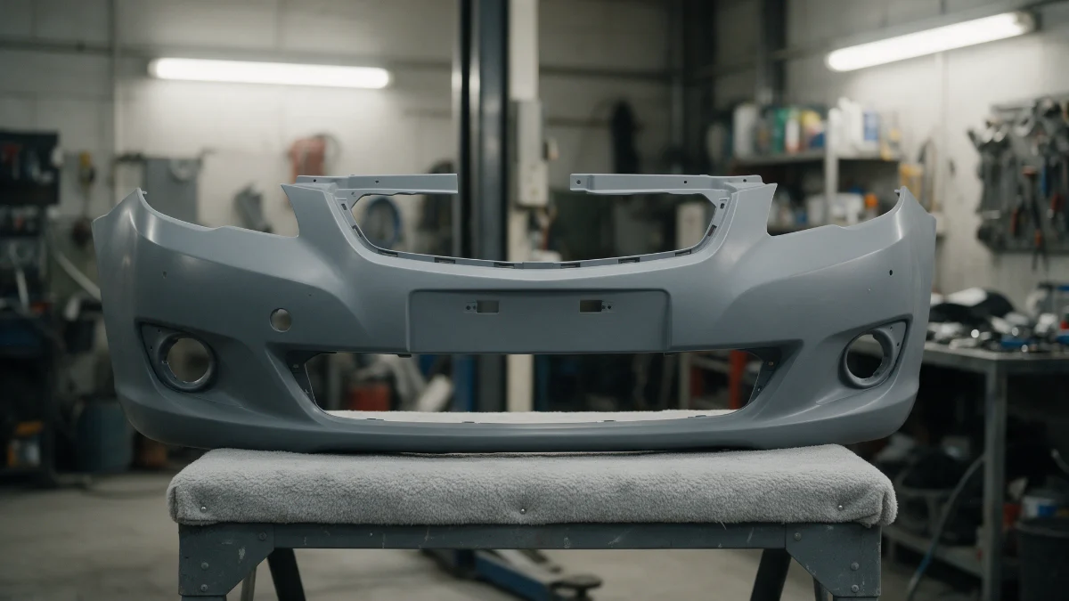 Replacement bumper in grey primer resting on a workshop trestle