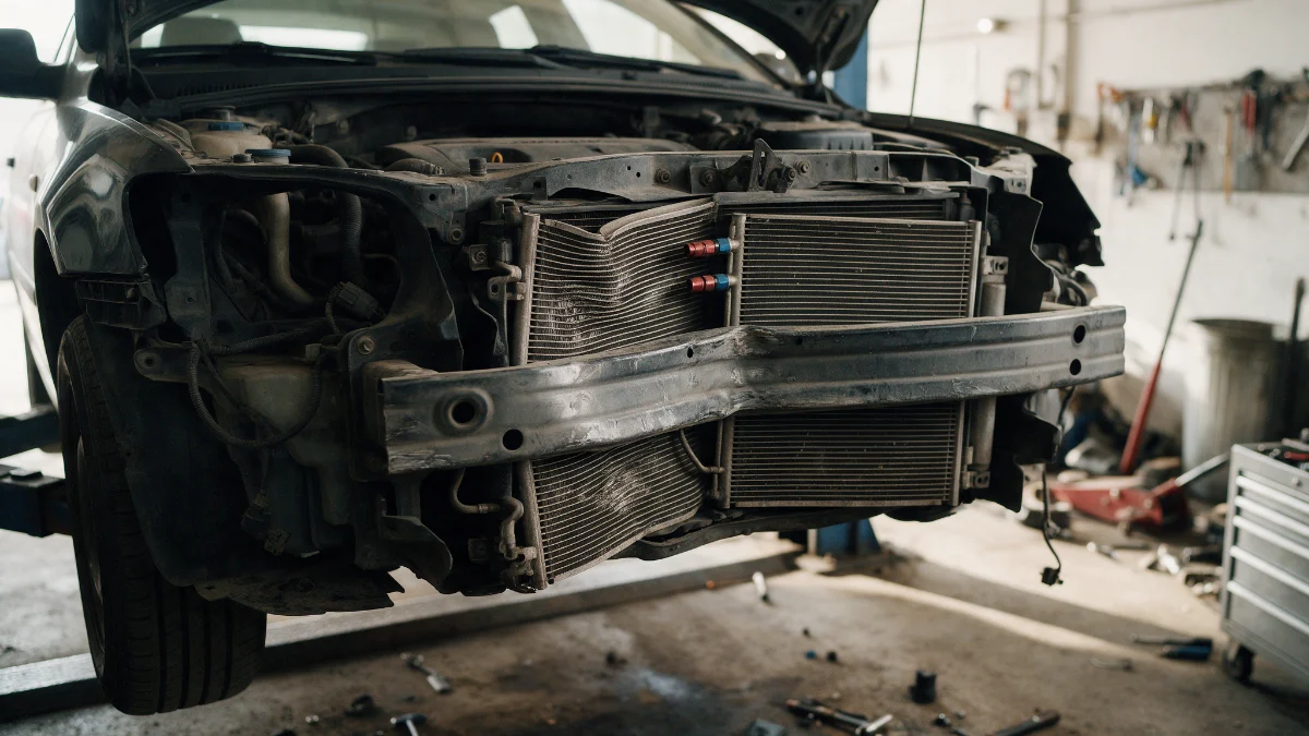 Damaged radiator and crash bar visible with the front bumper removed from a car