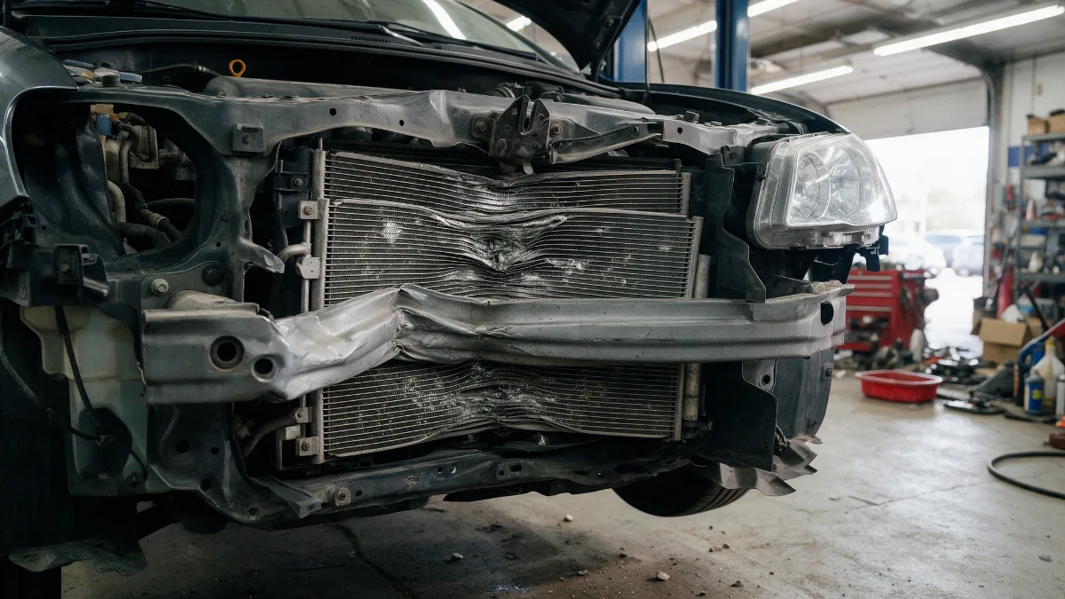Front bumper removed from a car showing a damaged radiator support and cooling pack