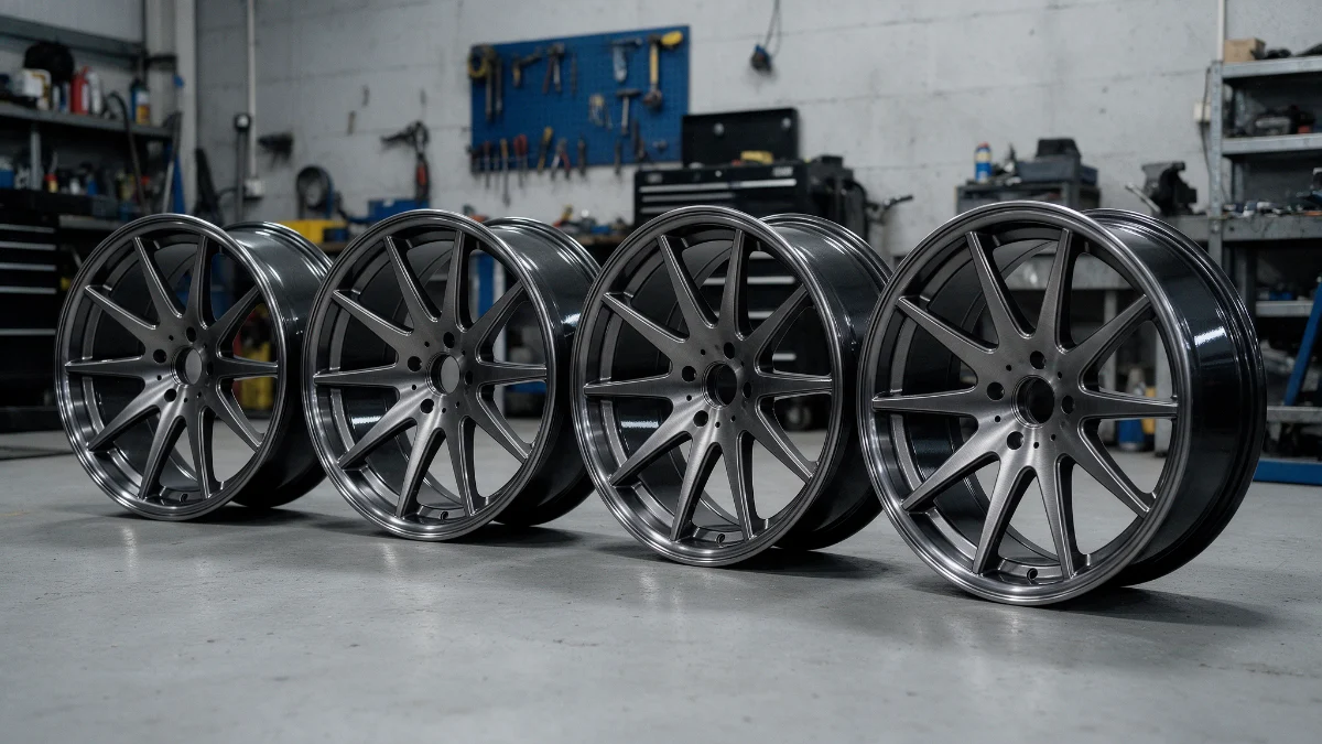 Set of four refurbished alloy wheels lined up against a workshop wall