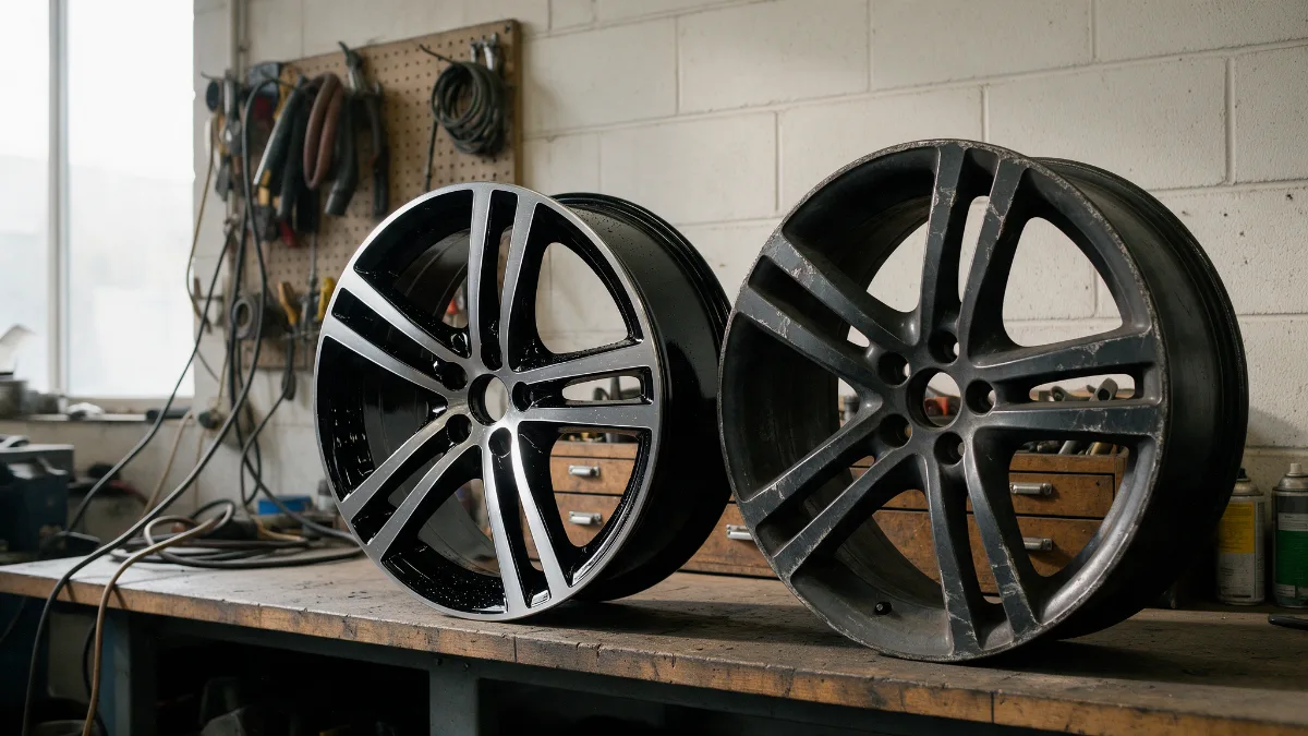Refurbished alloy wheel being finished in a workshop next to a damaged one