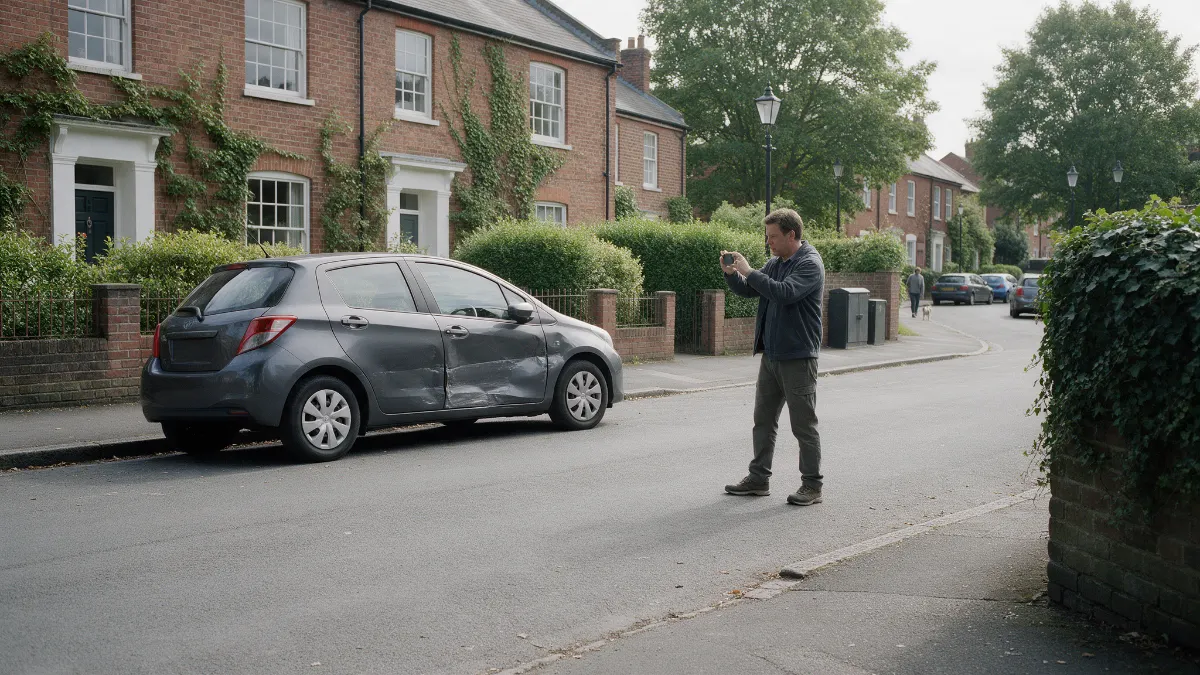 Driver photographing damage to a parked car at the roadside after a hit and run