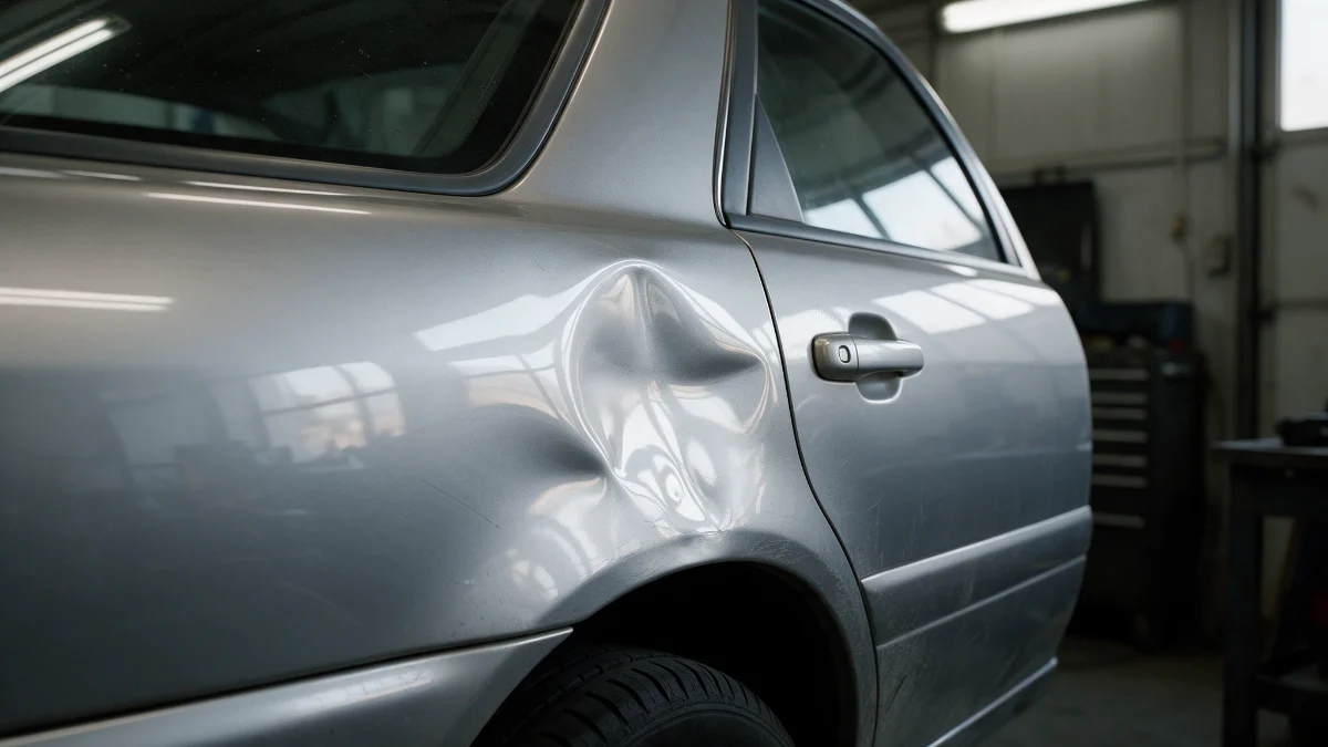 Shallow dent in a car door panel caught in low workshop light