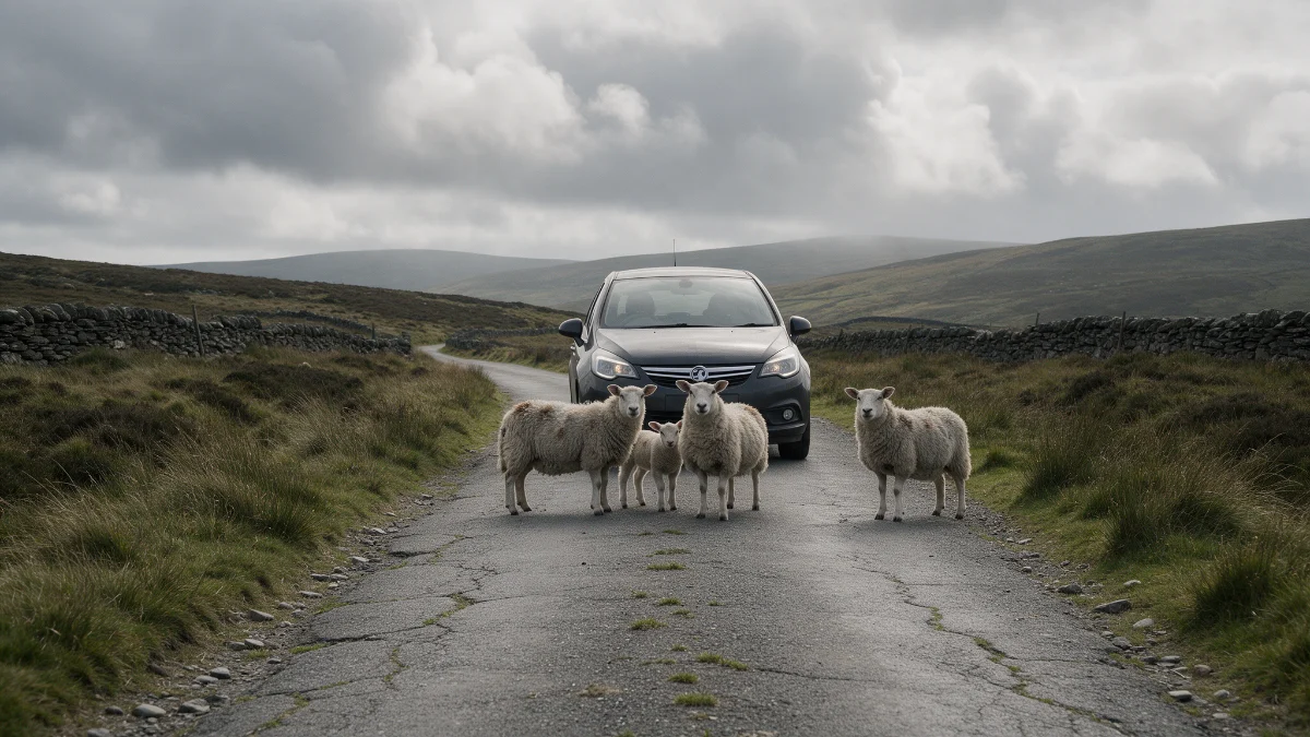 Sheep standing on a narrow rural road in front of a stopped car
