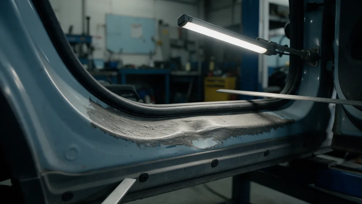 Sill section of a car being inspected for deformation after a kerb strike