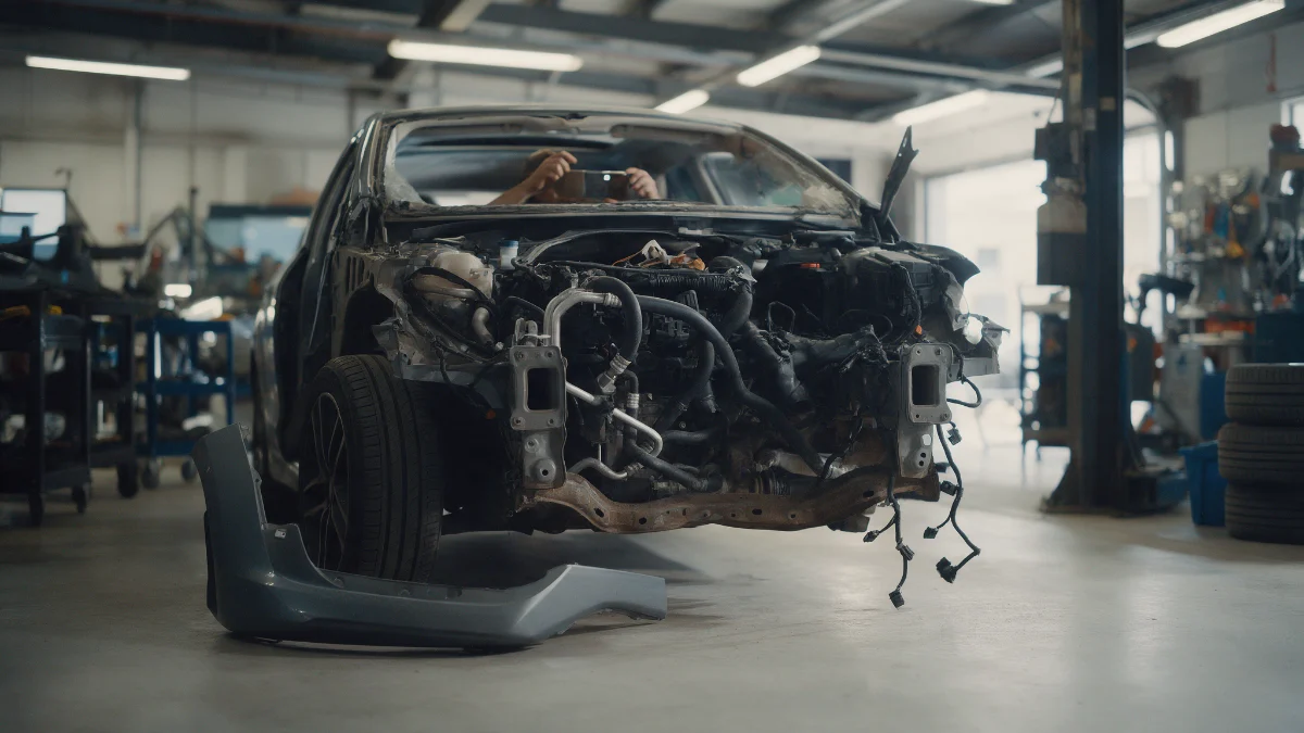 Technician photographing hidden damage found during a strip down in a workshop