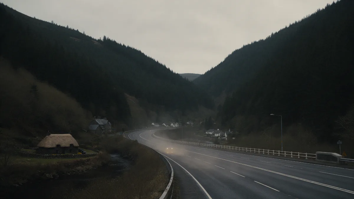 Dual carriageway running along a valley floor between wooded hillsides