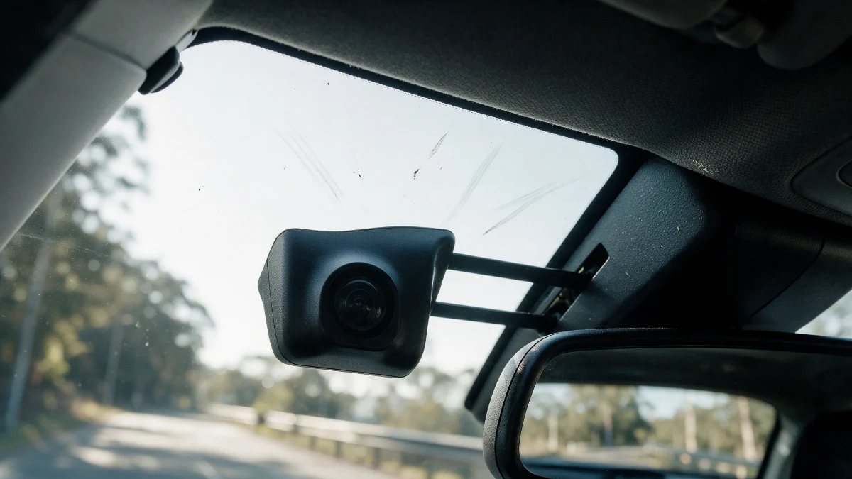 Forward facing camera mounted behind a car windscreen near the mirror
